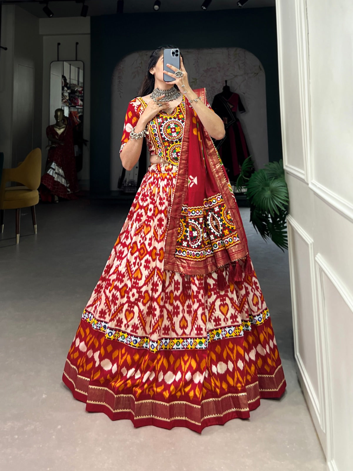 Lorenvalley Red Tussar Silk Patola Print With Foil Work And Original Mirror Gamthi Lace Lehenga Choli with Dupatta - Distacart