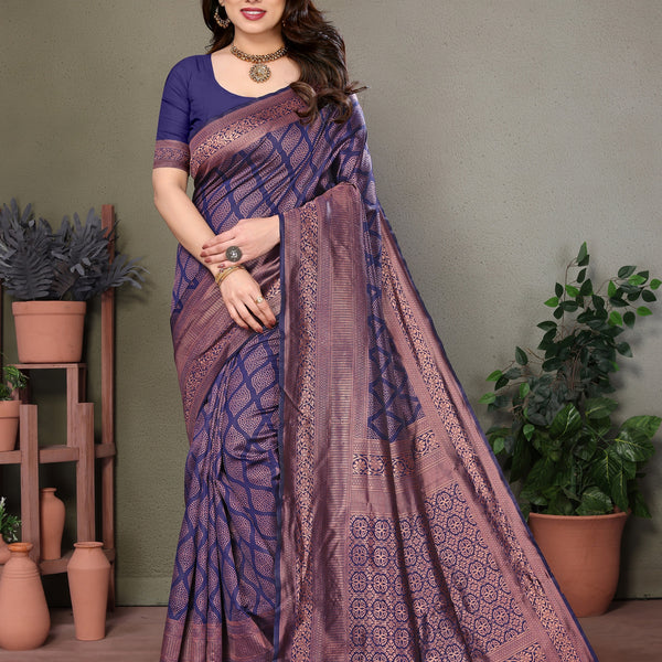 Vedant Vastram Litchi Silk Banarasi Silk Saree - Navy - Distacart