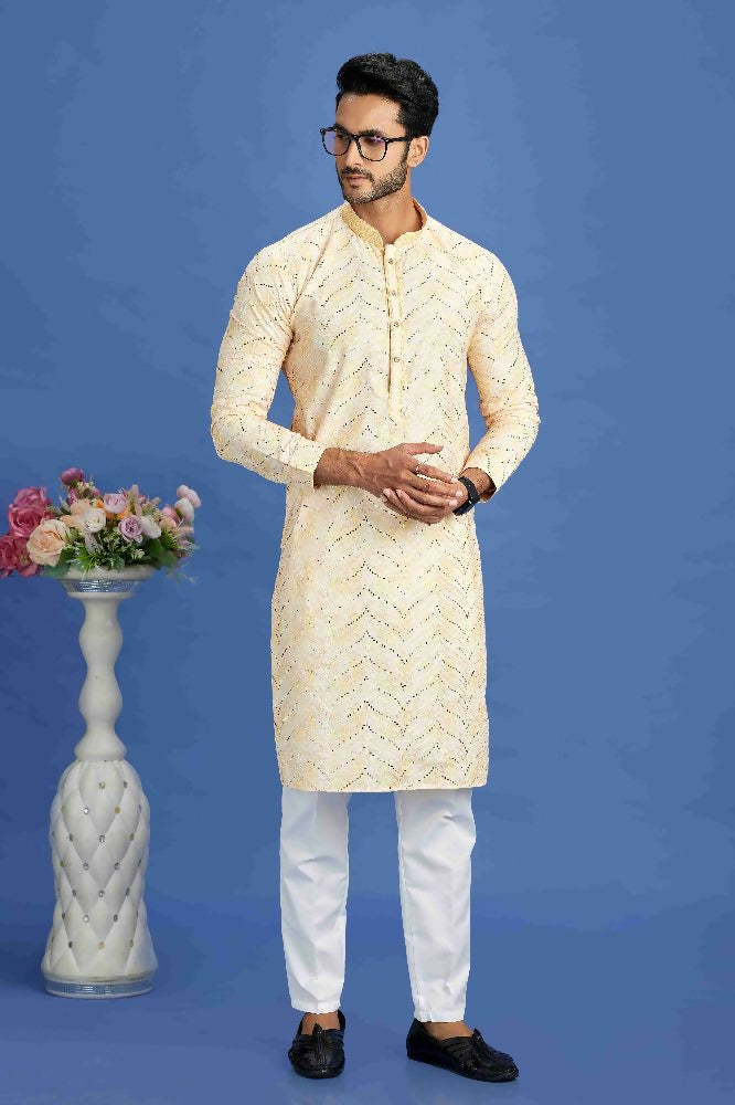 Raivat Ethnic Cotton Embroidery Kurta Pajama In Yellow Colour - Dista