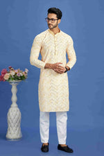 Thumbnail for Raivat Ethnic Cotton Embroidery Kurta Pajama In Yellow Colour - Dista
