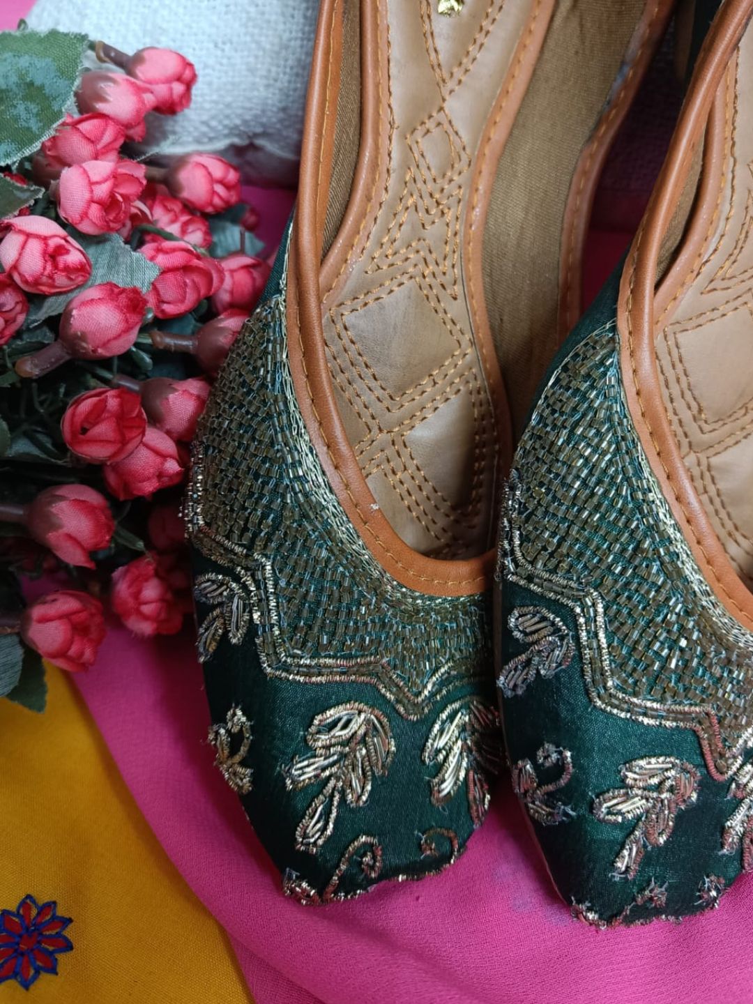 Desi Colour Women Indian Ethnic Footwear-Party Wear Green Dabka Work - Distacart