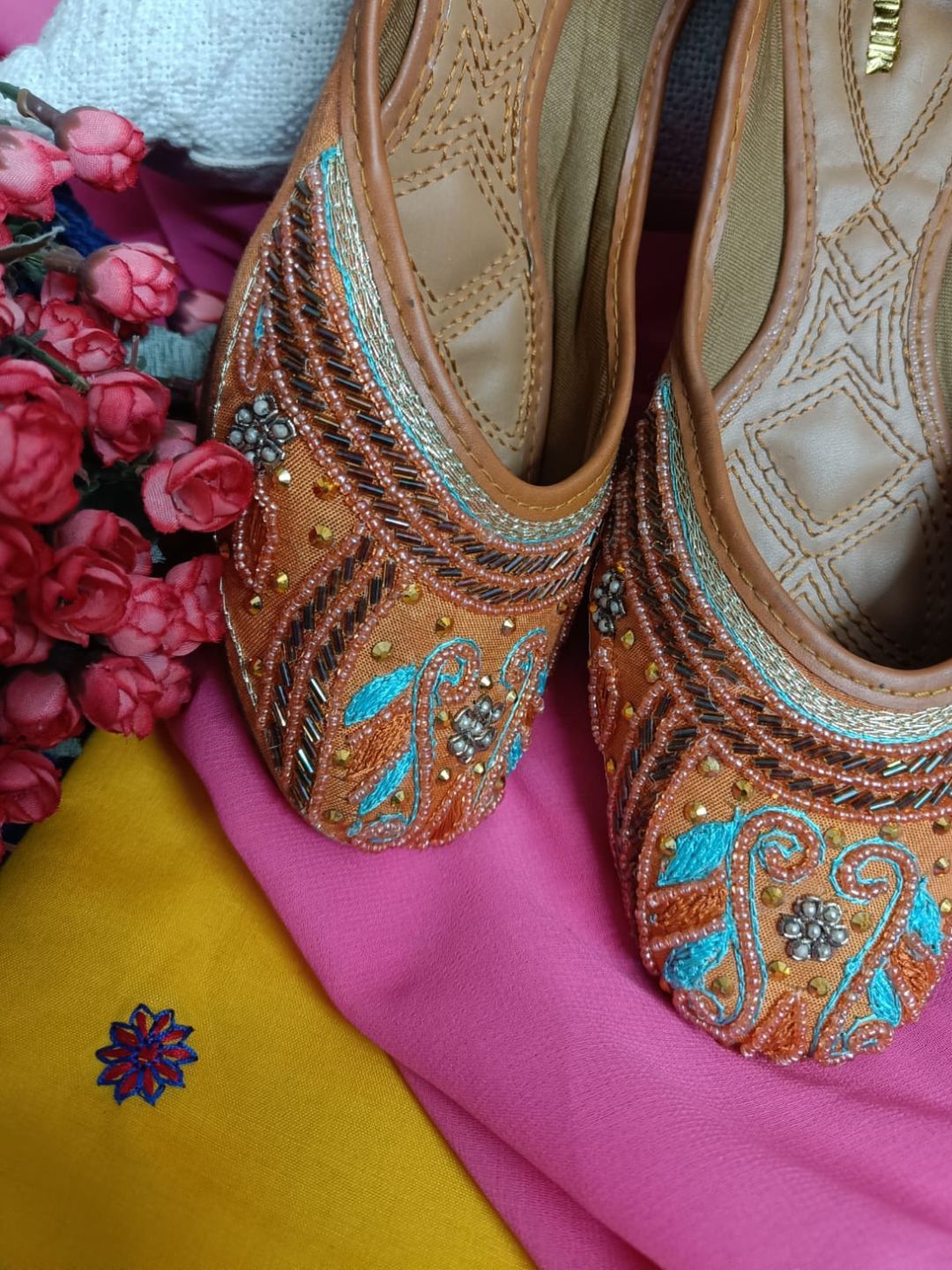 Desi Colour Women Indian Ethnic Footwear-Party Wear Orange Pearl Work