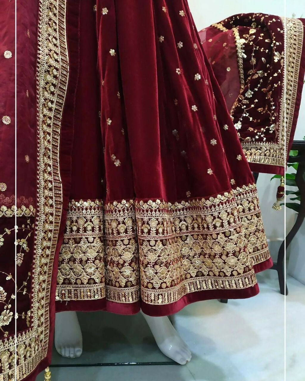 Vastranavya Wine Viscose Velvet Sequence Embroidery Work Gown Dupatta With Belt - Distacart