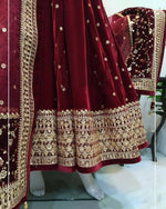 Thumbnail for Vastranavya Wine Viscose Velvet Sequence Embroidery Work Gown Dupatta With Belt - Distacart