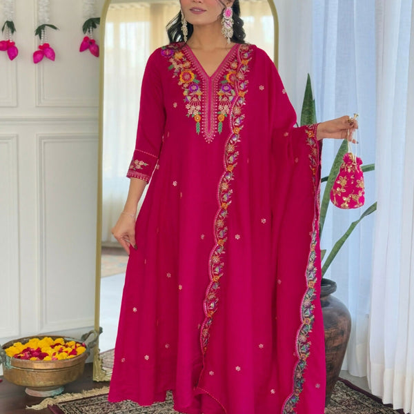 The52 Rani Women's Beautiful Embroidered Work Vichitra Silk Fabric Straight Kurta Pant and Dupatta Set - Distacart