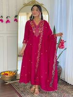 Thumbnail for The52 Rani Women's Beautiful Embroidered Work Vichitra Silk Fabric Straight Kurta Pant and Dupatta Set - Distacart