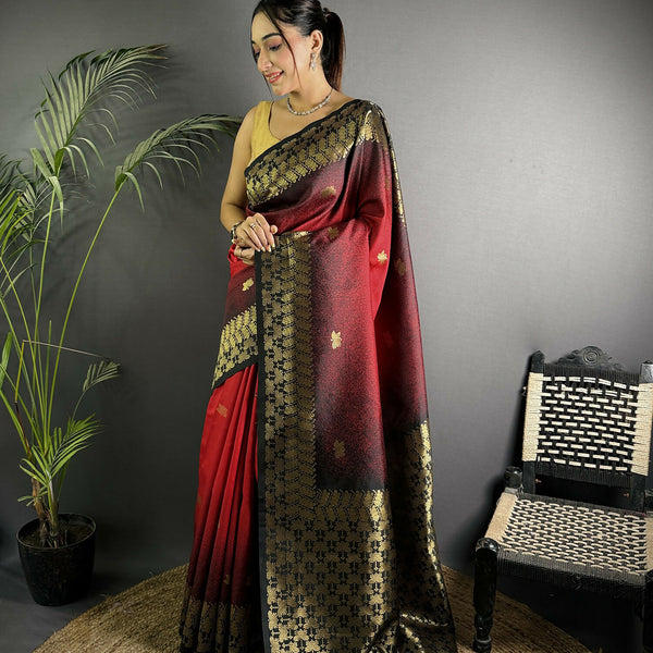 Joban Fashion Red Handloom Silk Ikkat Saree