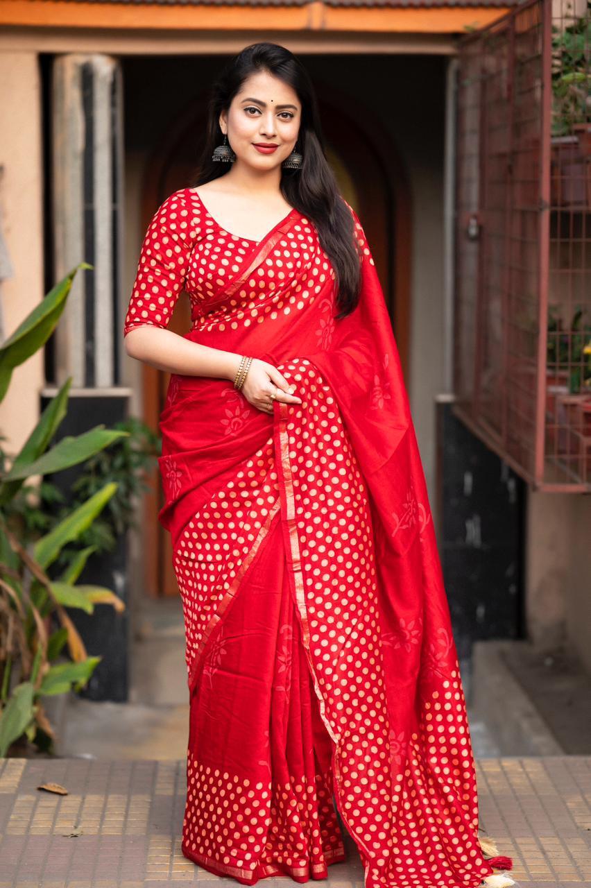 Red Pure Chanderi Hand Block Saree with Unstitched Blouse - Hiral Fashion - Distacart