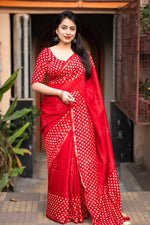 Thumbnail for Red Pure Chanderi Hand Block Saree with Unstitched Blouse - Hiral Fashion - Distacart