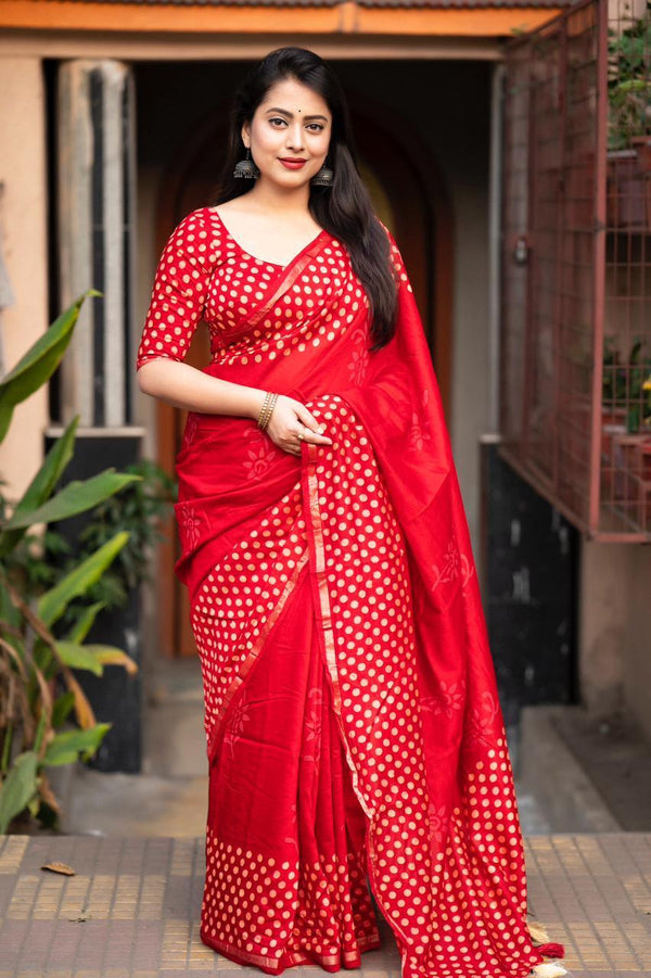 Red Pure Chanderi Hand Block Saree with Unstitched Blouse - Hiral Fashion - Distacart
