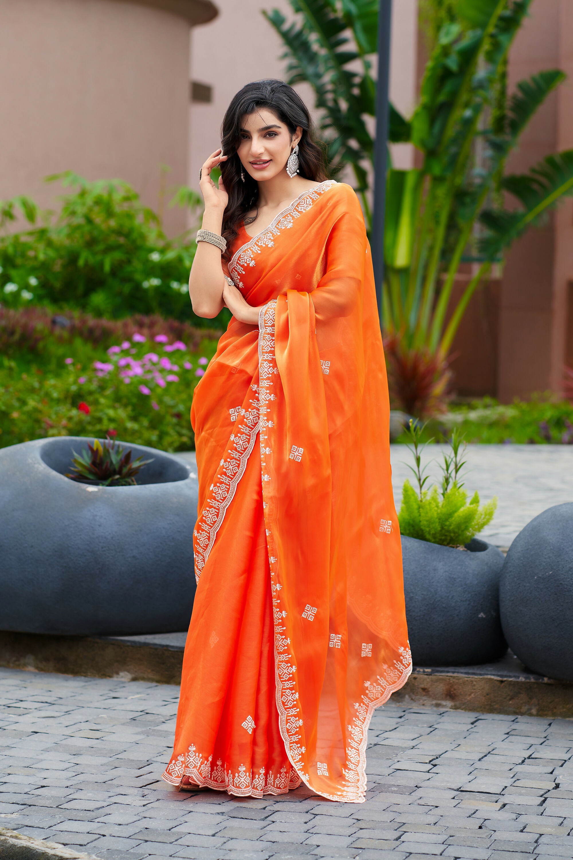 Vastranavya Orange Embroidery Work Shimmer Chiffon Saree with Unstitched Blouse