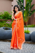 Thumbnail for Vastranavya Orange Embroidery Work Shimmer Chiffon Saree with Unstitched Blouse