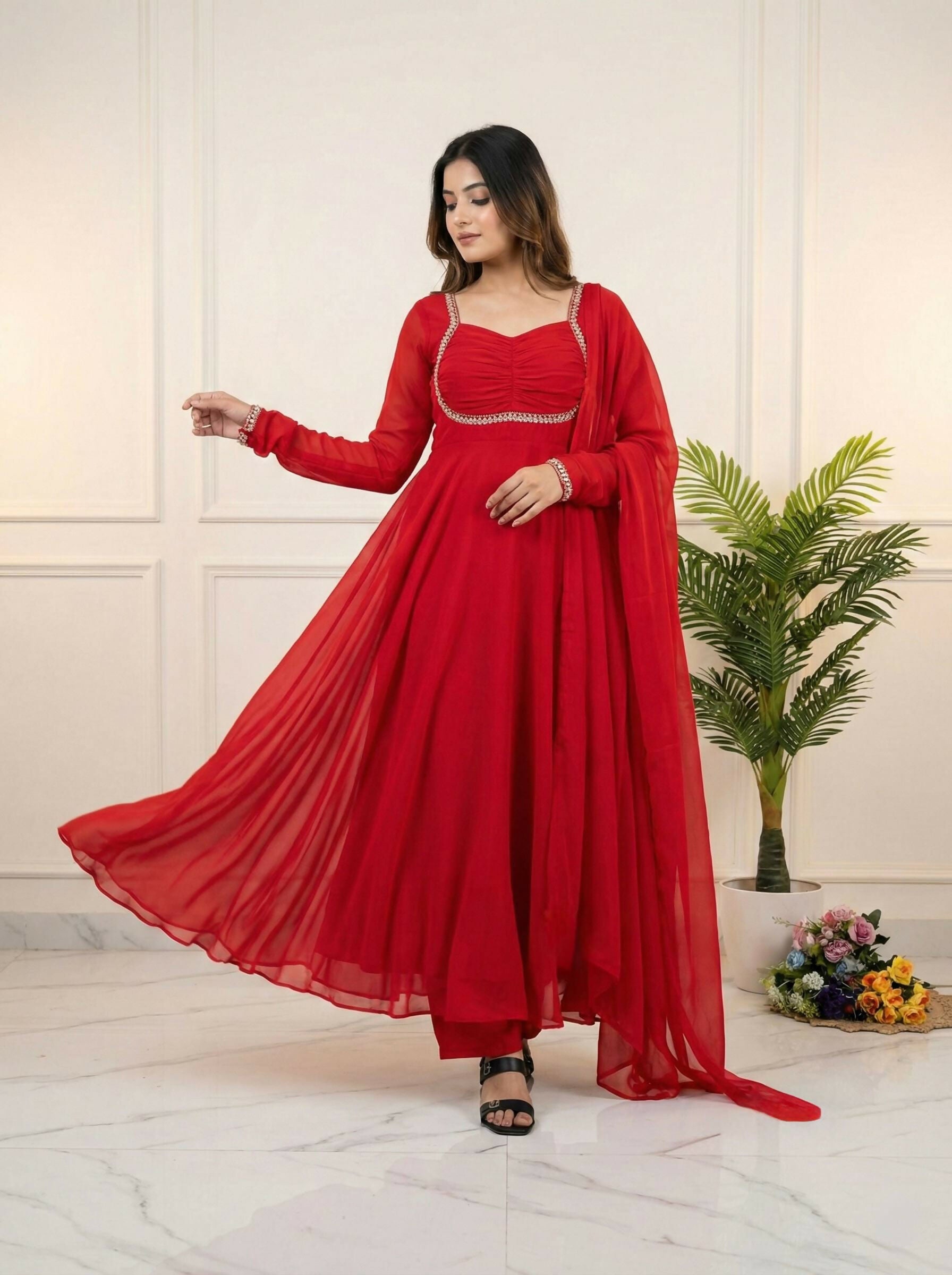 Teeya Creation Womens New Fancy Fox Georgette Heavy Quality Fabric With Handwork Red Gown Set - Dista