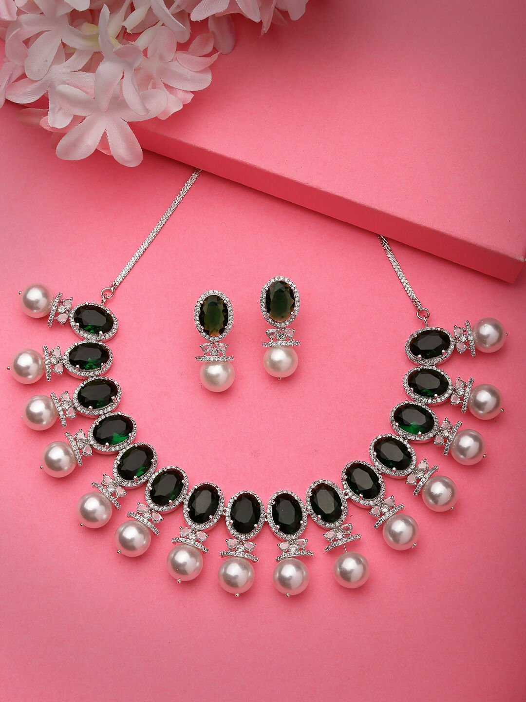 NVR Women's Silver-Plated Green American Diamond Studded Handcrafted Jewellery Set - Distacart