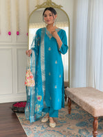 Thumbnail for The52 Blue Women's Gorgeous Viscose Fabric Embroidered Work Straight Kurta, Pant and Dupatta Set - Distacart