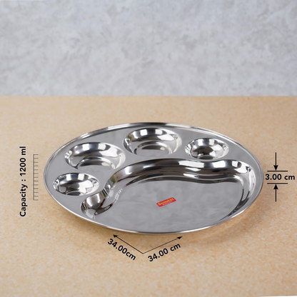 Sumeet Stainless Steel Round 5 in 1 Compartment Lunch/Dinner Plate - Big - Dista
