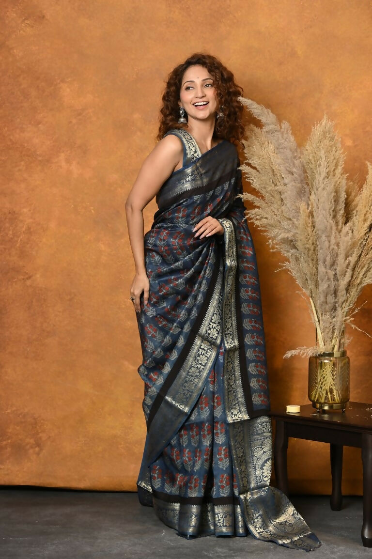Very Much Indian Modal Silk Ajrakh Handblock Printed Natural Dyes With Designer Border Saree - Black - Distacart
