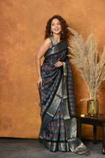 Thumbnail for Very Much Indian Modal Silk Ajrakh Handblock Printed Natural Dyes With Designer Border Saree - Black - Distacart