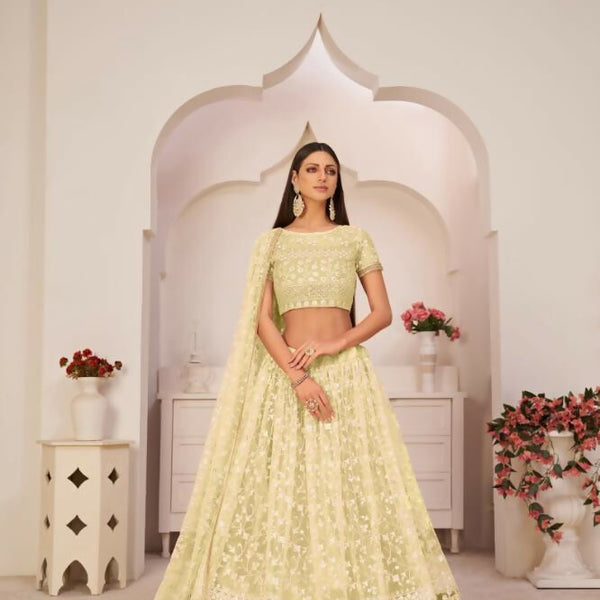 Aastha Fashion Lemon Yellow Butterfly Net White Cotton Thread Work, Zari Work And Sandwich Sequence Work Embroidery Wedding Wear Lehenga Choli - Distacart