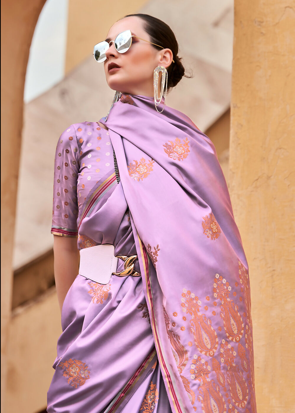 Lilac Purple Pure Satin Zari Weaving Wedding Festive Saree - Emponline - Distacart