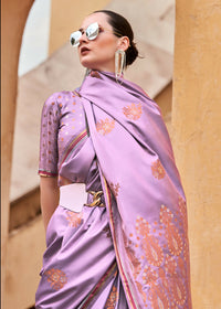Thumbnail for Lilac Purple Pure Satin Zari Weaving Wedding Festive Saree - Emponline - Distacart
