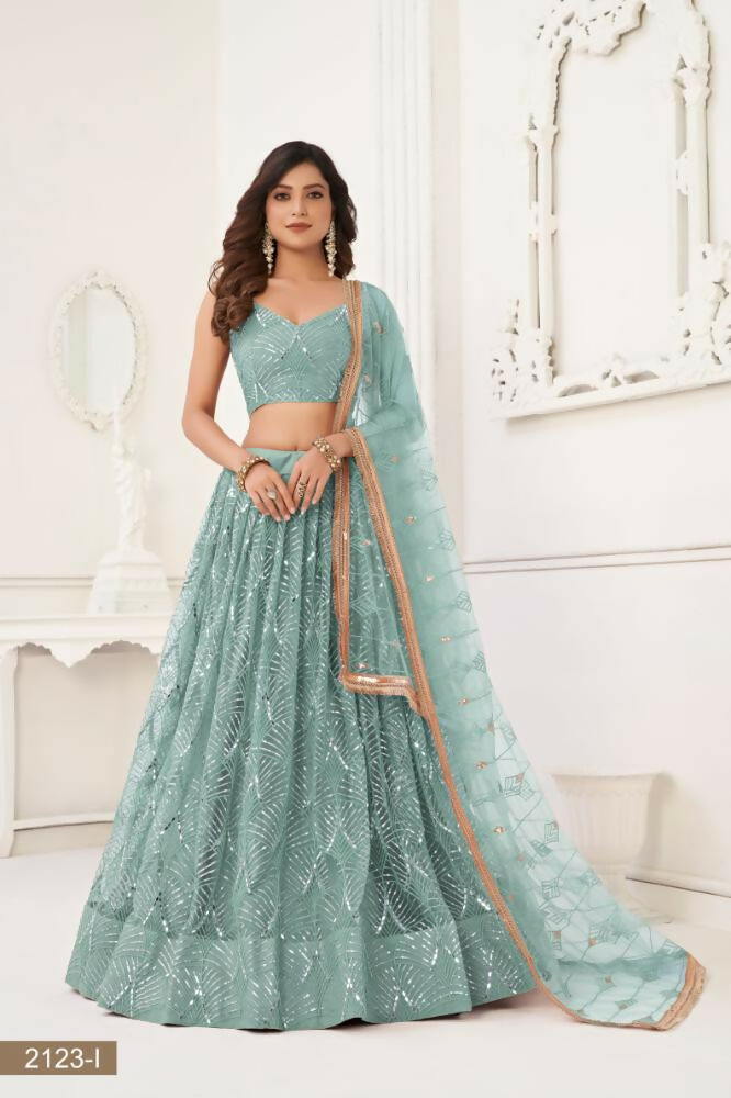 Aastha Fashion Ocean Blue Butterfly Net Tone To Tone Thread Work, Sequence Work And Original Mirror Work Embroidery Wedding Wear Lehenga Choli - Distacart