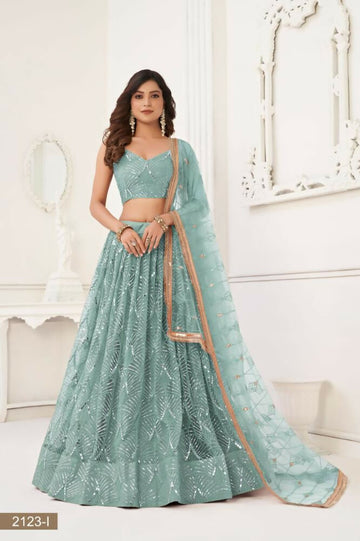 Aastha Fashion Ocean Blue Butterfly Net Tone To Tone Thread Work, Sequence Work And Original Mirror Work Embroidery Wedding Wear Lehenga Choli - Distacart