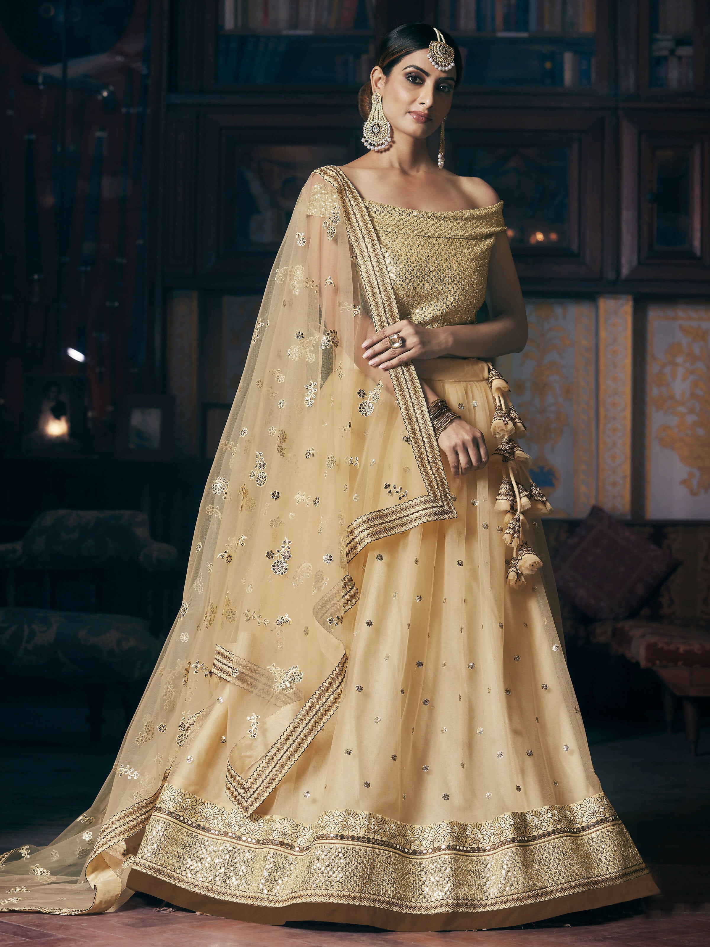 Wedding Designer Sequene Zari Resham Embroidery Cream Net Lahengha Choli - Anbazaar - Distacart