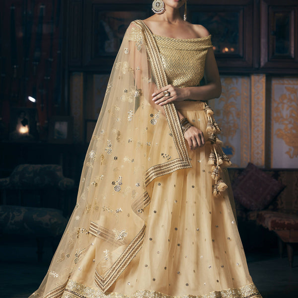Wedding Designer Sequene Zari Resham Embroidery Cream Net Lahengha Choli - Anbazaar - Distacart
