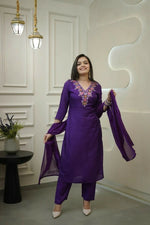 Thumbnail for The52 Purple Women's Gorgeous Vichitra Fabric Embroidered Work Straight Kurta Pant and Dupatta Set - Distacart