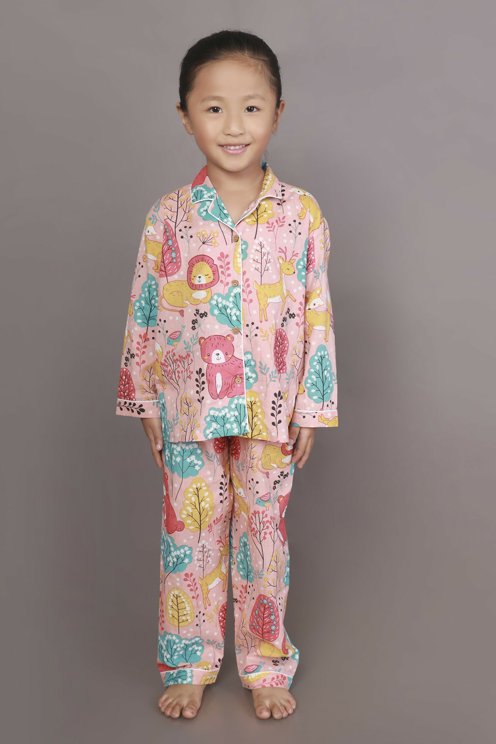 Breathables Kids Cotton Night Suit – Peach Lion & Teddy Shirt & Pyjama Co-Ord Set For Boys & Girls - Dista