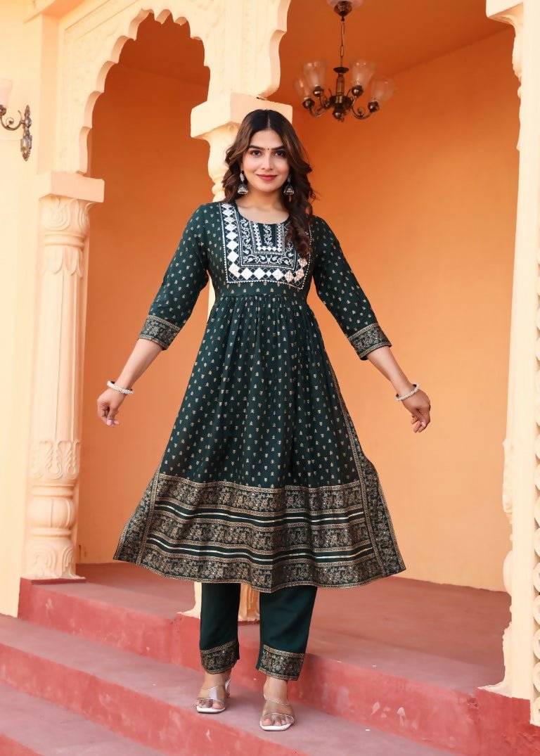 Alvano Women's Embroidery work Print Naira Cut Kurti with Pant and Dupatta set Rayon - Distacart
