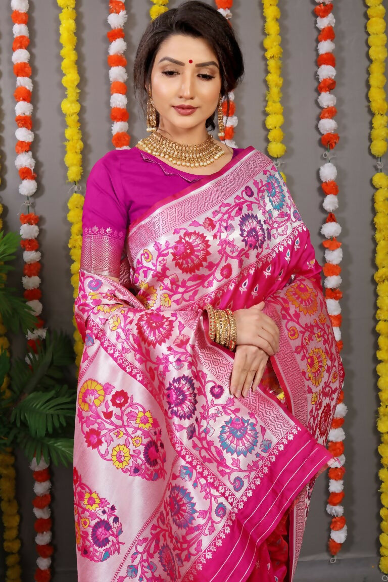 Jyoti Fashion Women's Rani Pink Banarasi Silk Zari Woven Saree with Blouse - Distacart