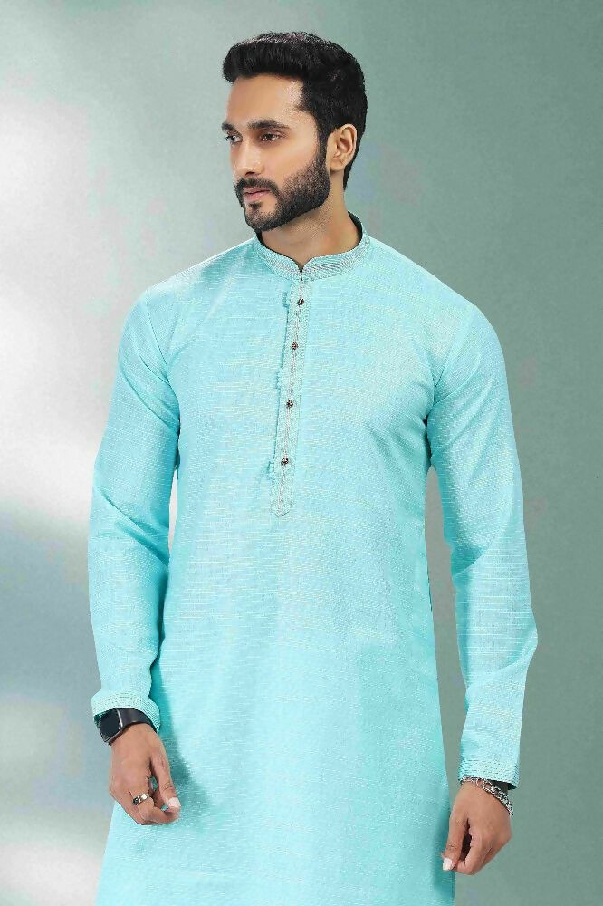 Raivat Ethnic Linen Cotton Pintux Work Kurta Pajama In Sky Blue Colour - Dista