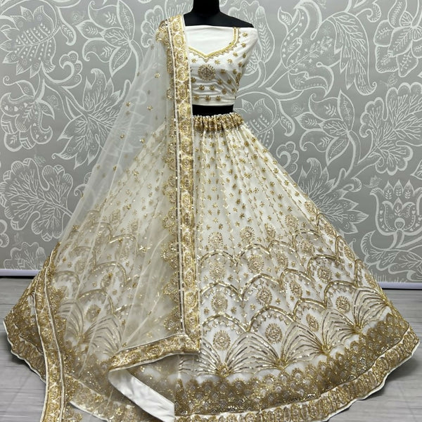 Jyoti Fashion Women's Off White Bridal Net Fancy Sequins with Multi Thread Embroidered & Handwork Wedding Lehenga Choli - Distacart