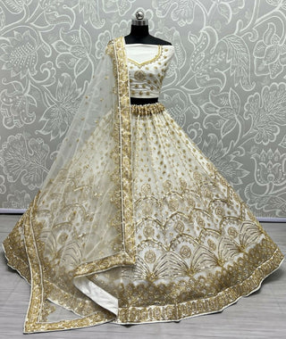 Jyoti Fashion Women's Off White Bridal Net Fancy Sequins with Multi Thread Embroidered & Handwork Wedding Lehenga Choli - Distacart