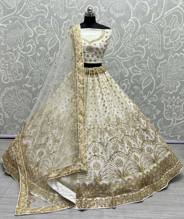 Jyoti Fashion Women's Off White Bridal Net Fancy Sequins with Multi Thread Embroidered & Handwork Wedding Lehenga Choli - Distacart