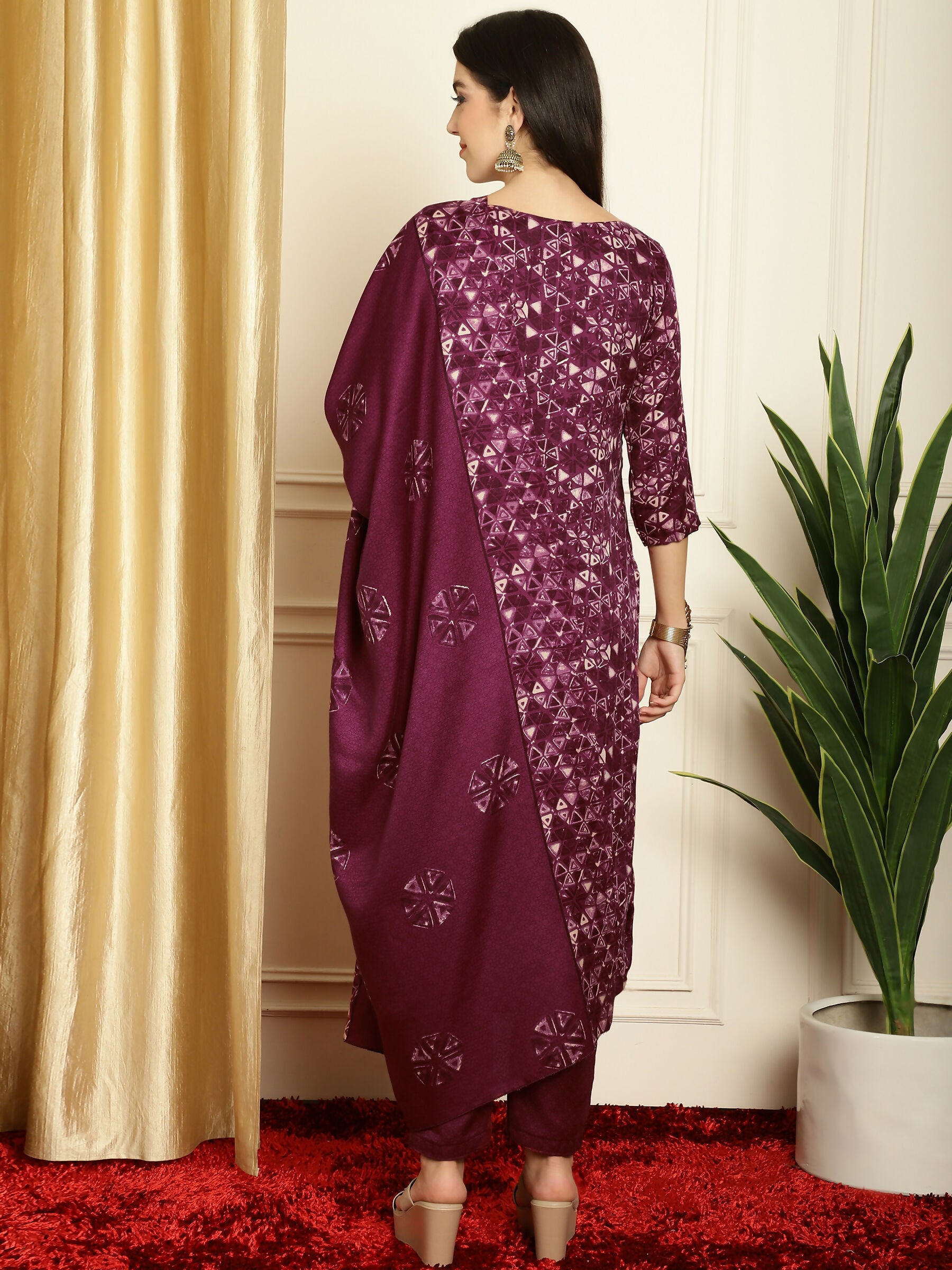Jyoti Fashion Women's Wine Pashmina Floral Digital Printed Kurta with Trouser & Dupatta - Distacart
