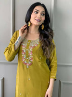 Thumbnail for The52 Mustard Gorgeous Embroidered Viscose Chanderi Fabric Straight Kurta Pant with Dupatta Set - Distacart