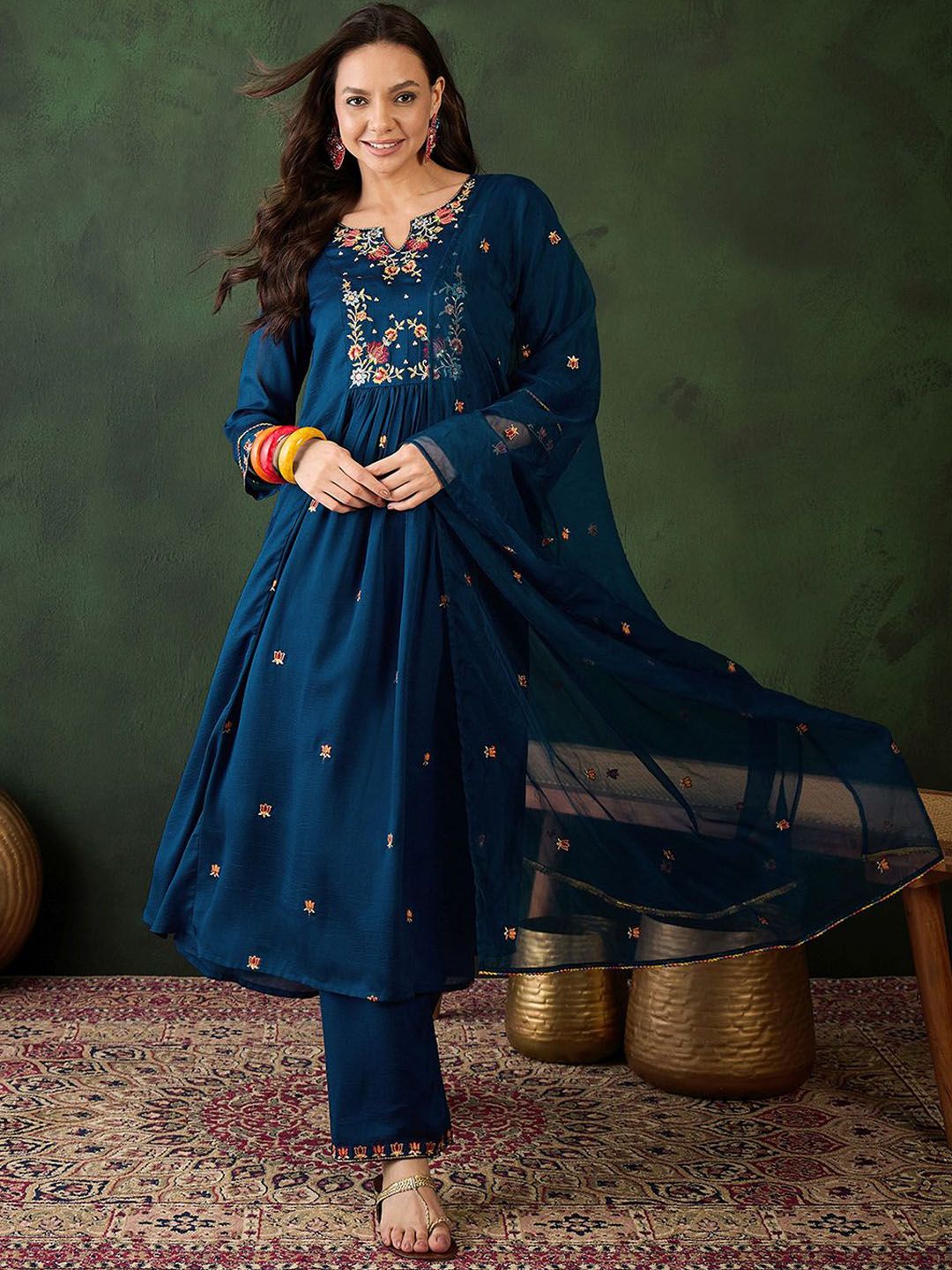 Sangria Floral Embroidered A-Line Kurta & Trousers With Dupatta - Distacart