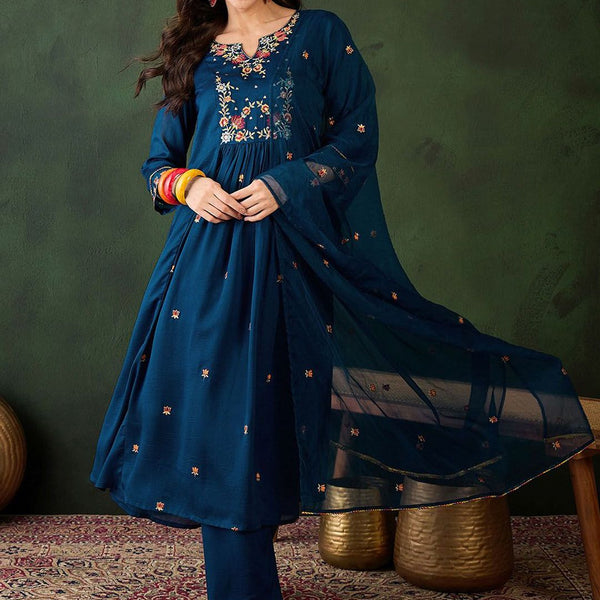 Sangria Floral Embroidered A-Line Kurta & Trousers With Dupatta - Distacart