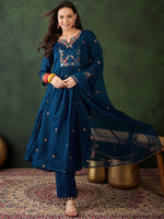 Thumbnail for Sangria Floral Embroidered A-Line Kurta & Trousers With Dupatta