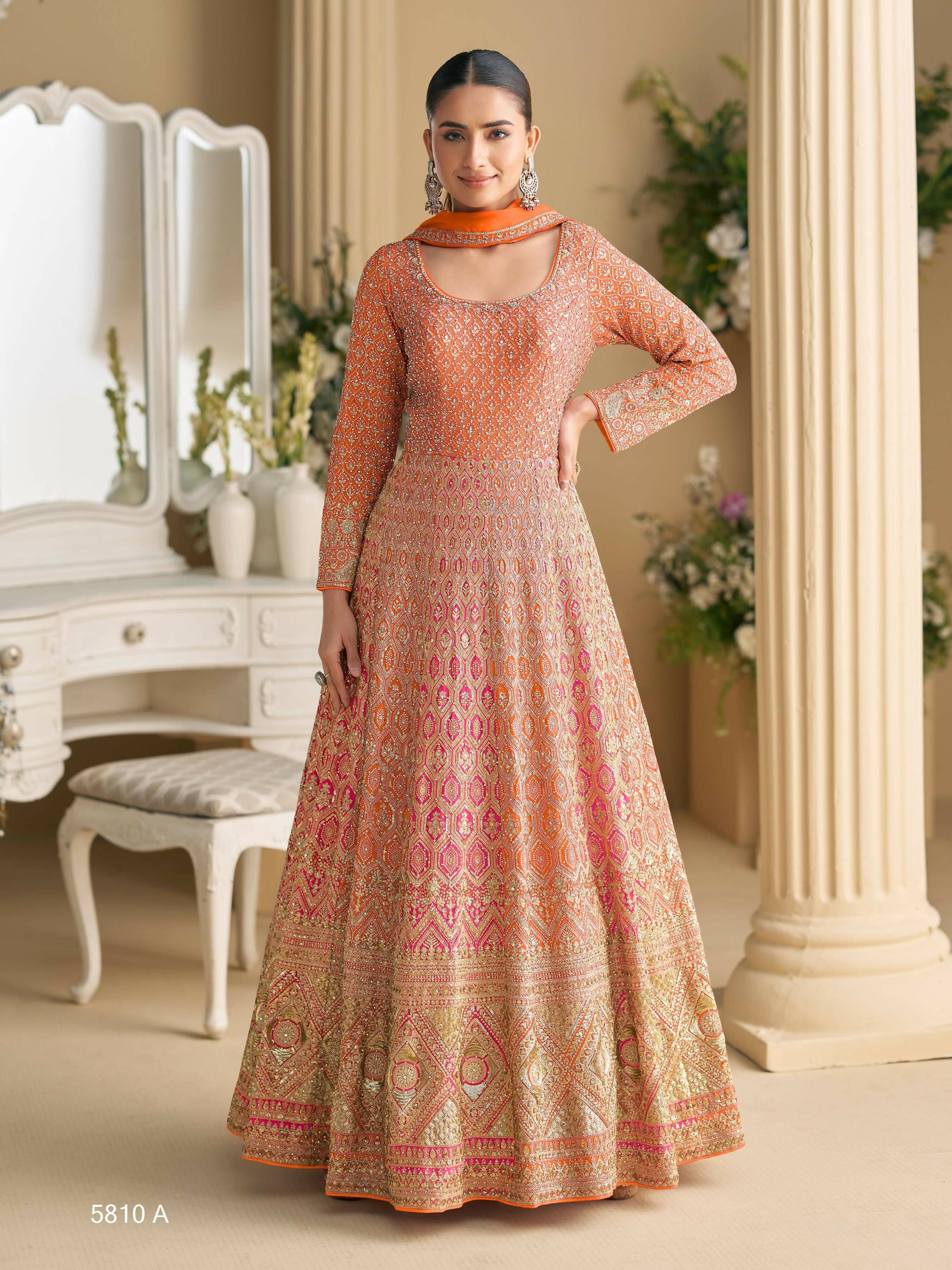 Anaita Orange Georgette Readymade Anarkali Suit with Embroidery Zarkan Work (Free Size) - Distacart