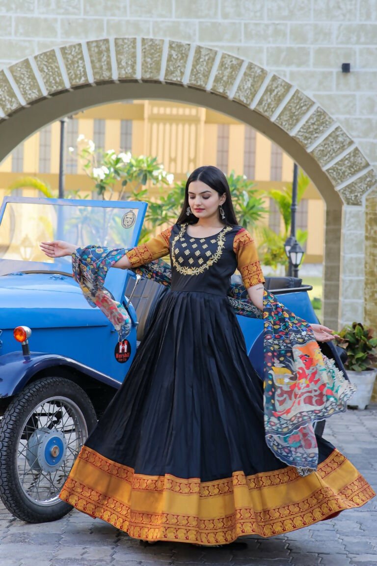 Aastha Fashion Women's Black Silk Jacquard Woven with Embroidery Anarkali Dress with Dupatta - Distacart