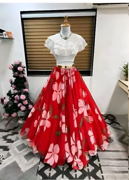 Dishitha Creation Floral Printed Stitched Lehenga & Crop Top - White & Red - Distacart