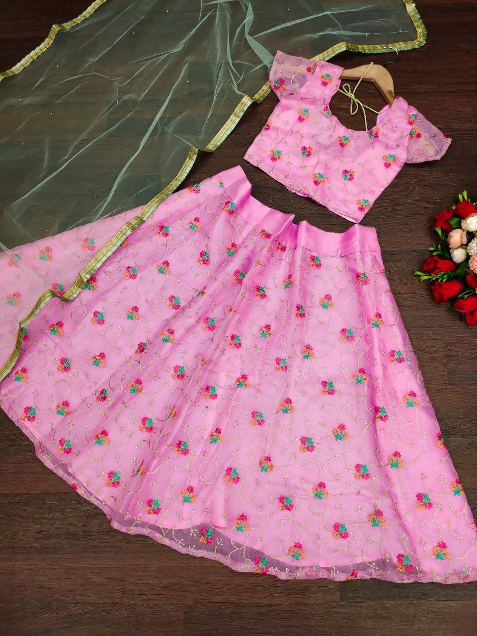 Jyoti Fashion Beautiful Pink Organza Silk Embroidered Kids Lehenga Choli Set - Distacart