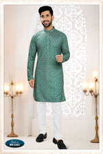 Thumbnail for Joban Fashion Men's Green Straight Rayon Thread And Sequence Embroidery All Over Kurta Set - Distacart