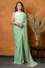 Thumbnail for Very Much Indian Designer Mul Cotton Handloom Saree with Sequins - Sea Green - Distacart
