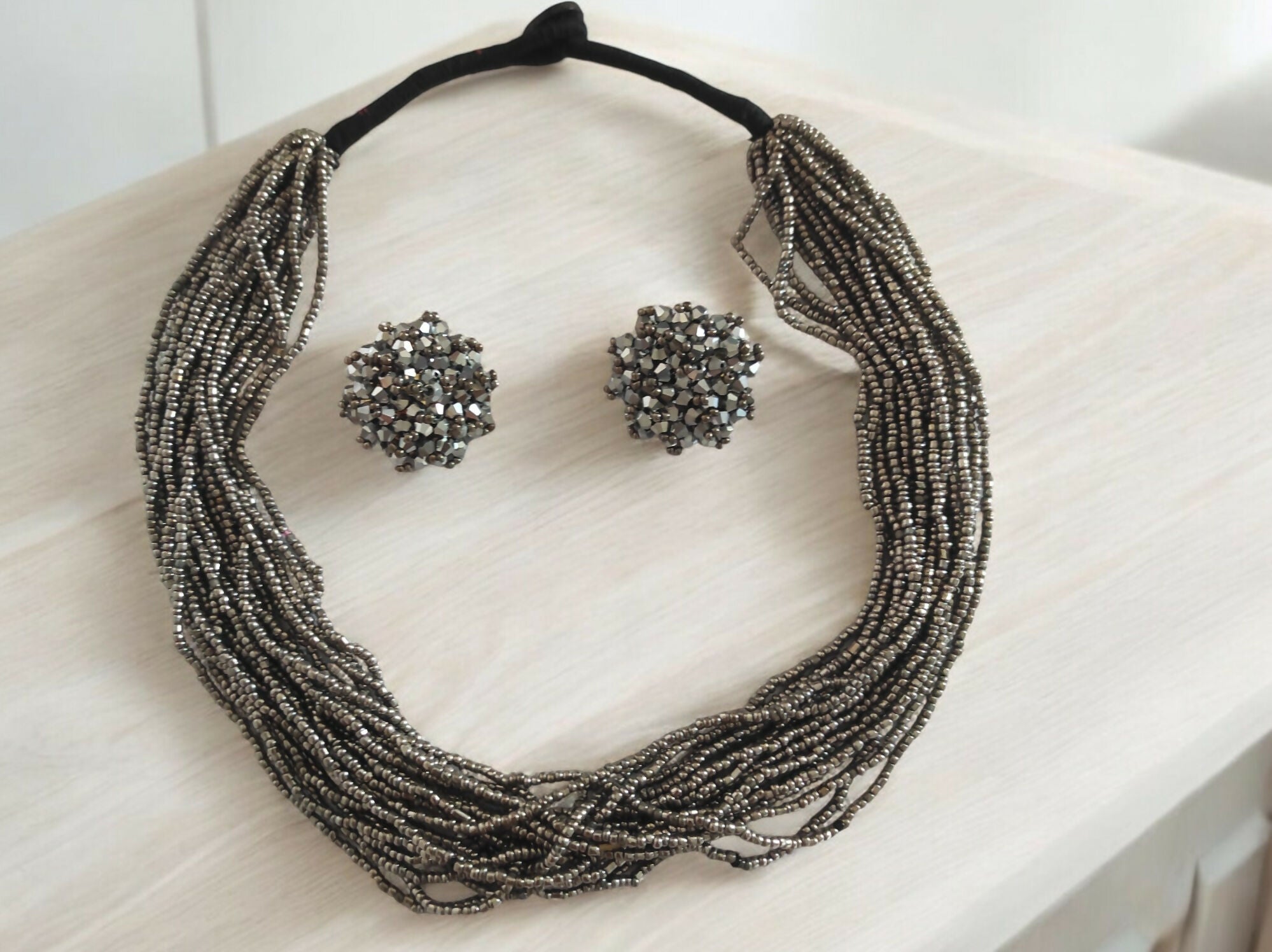 Inhanns Vibrant Handmade 20 Layers Beaded Necklace With Matching Earrings - Gray - Distacart