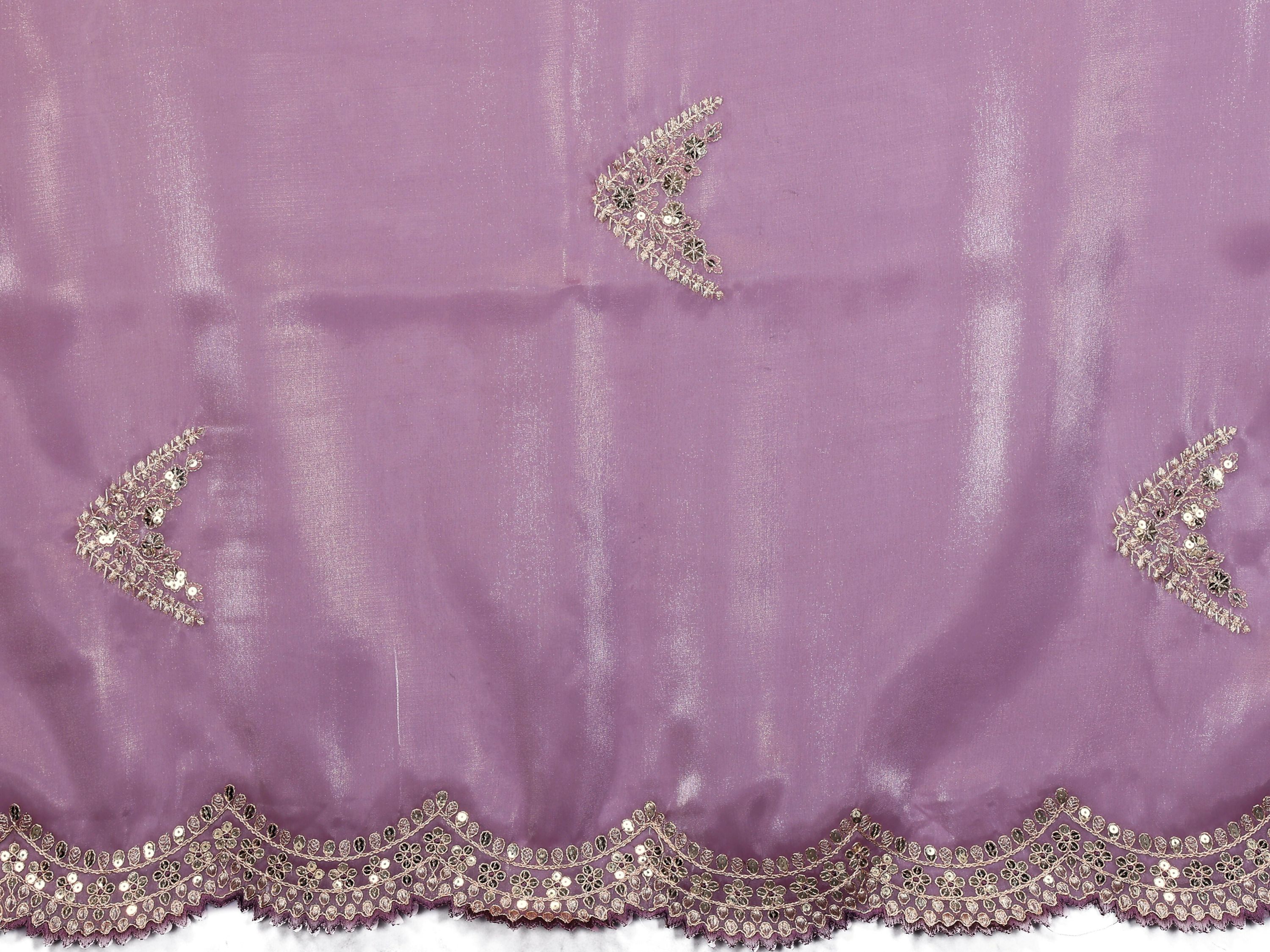 Vastranavya Lavender Embroidery Work Shimmer Chiffon Saree with Unstitched Blouse